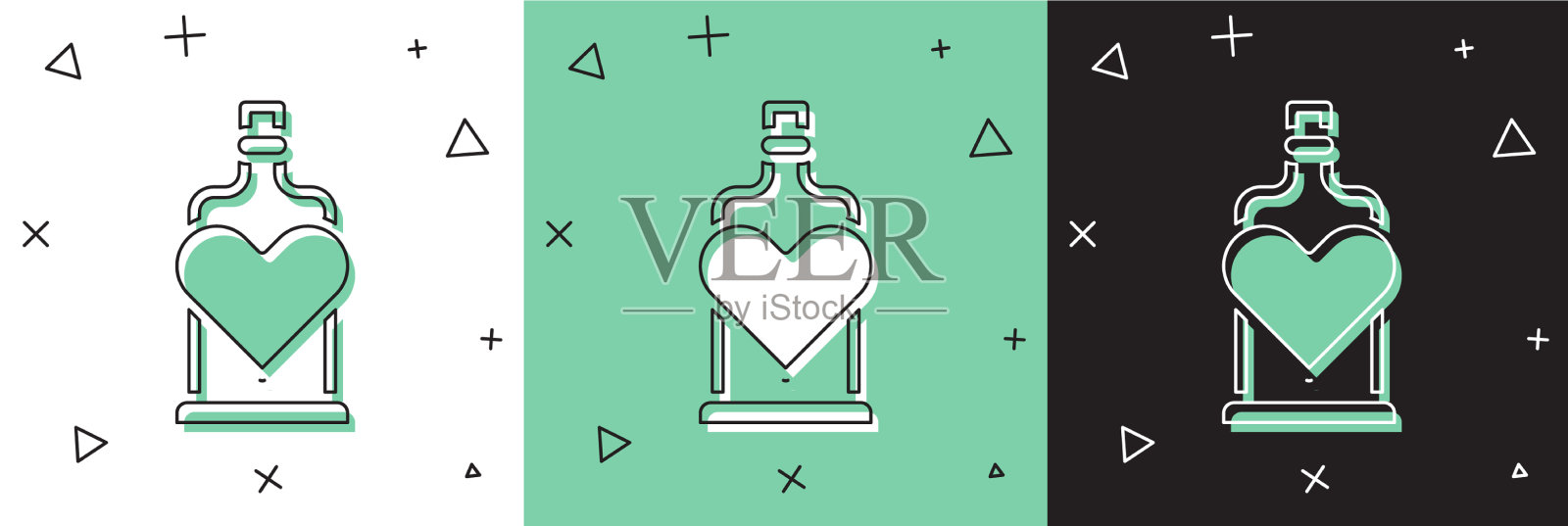 设置瓶子与爱情药水图标隔离在白色插画图片素材