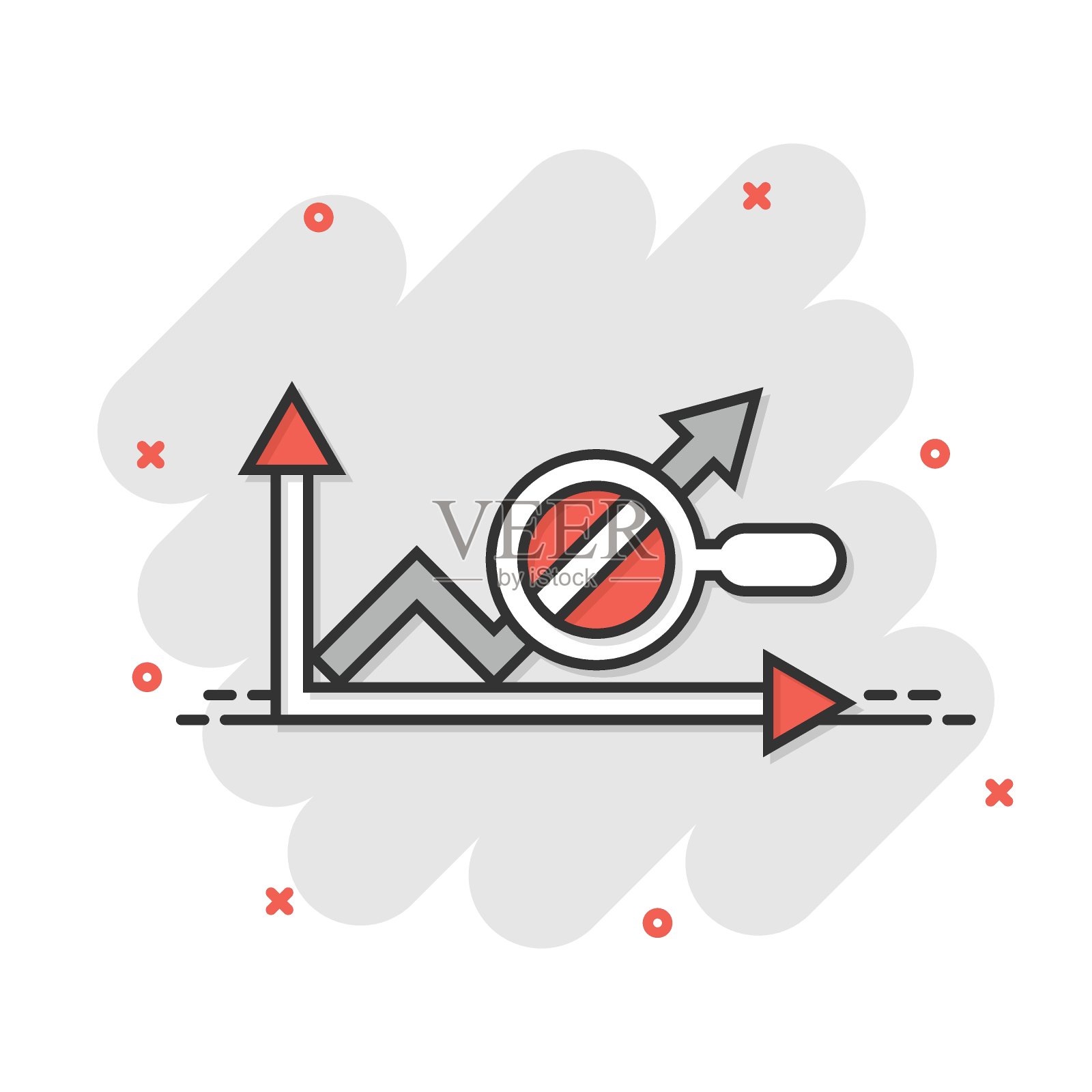 漫画风格的市场趋势图标。生长箭头与放大器卡通矢量插图在白色孤立的背景。增加飞溅效应的经营理念。图标素材