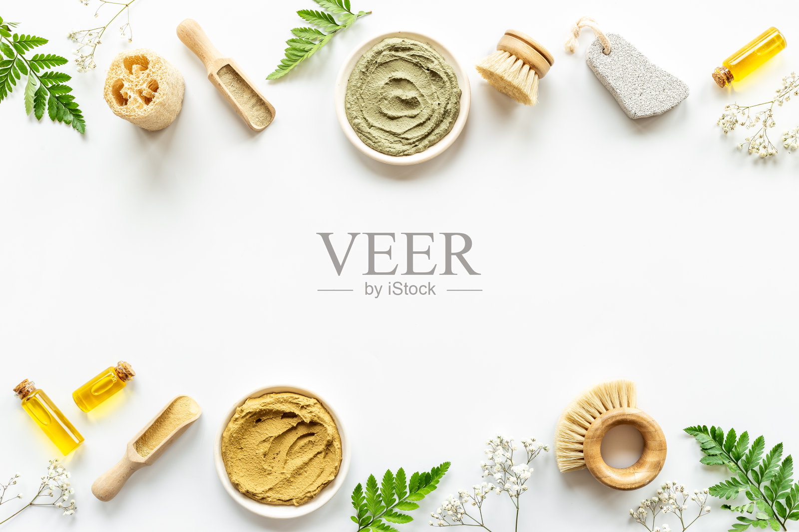 平坦的粘土泥粉和面具层。水疗美容产品，俯视图照片摄影图片