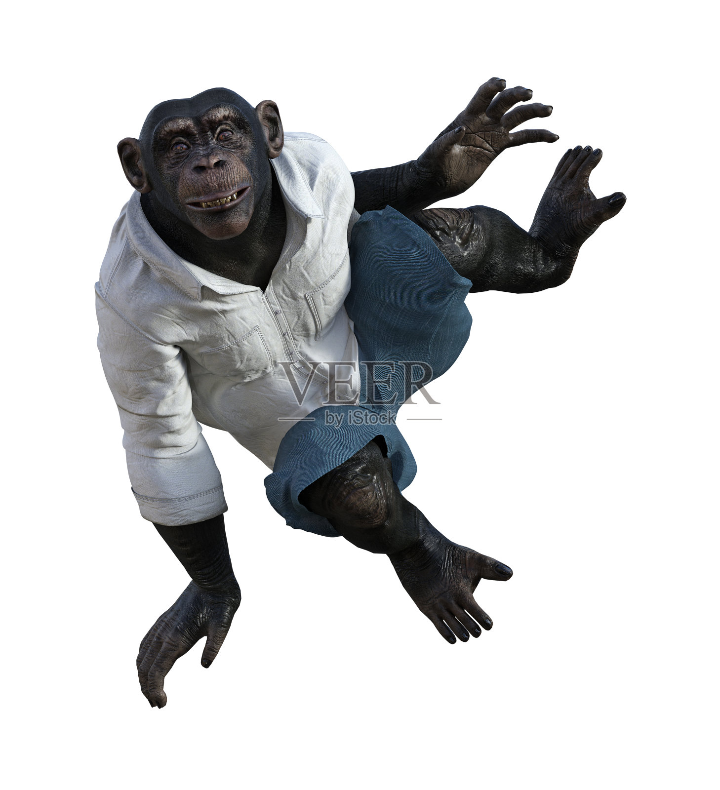 一只黑猩猩穿着白色衬衫和蓝色牛仔短裤在白色背景上跳跃的插图照片摄影图片
