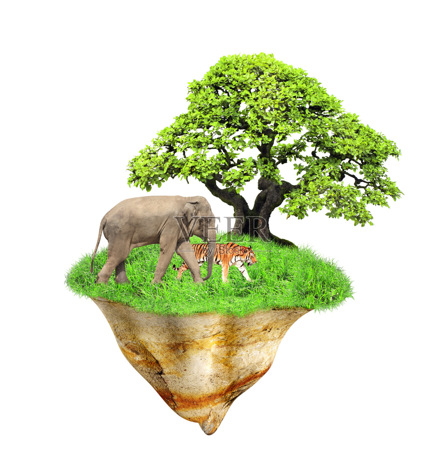 幻想浮岛上有绿草、绿树、野生动物照片摄影图片