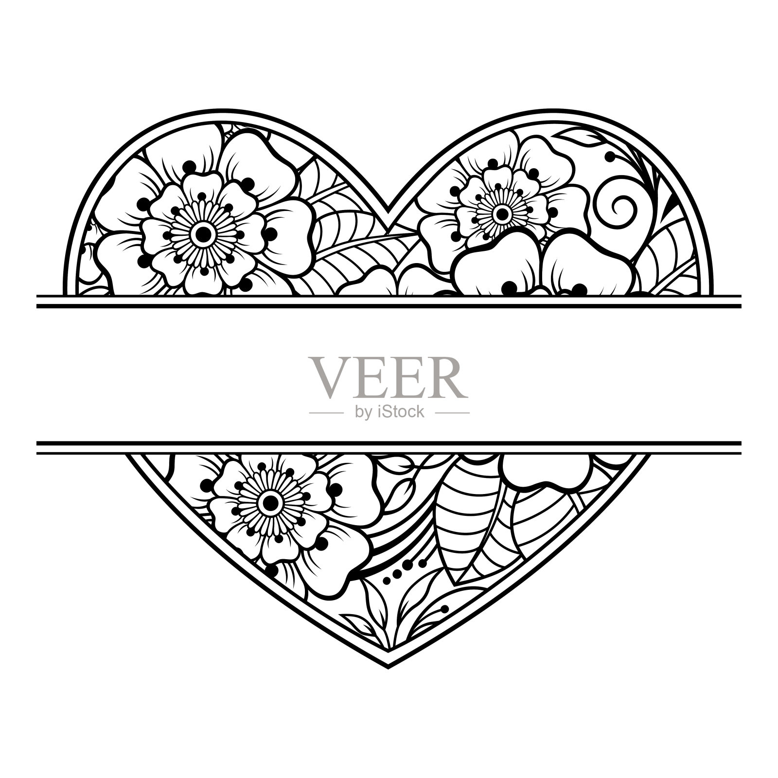 东方传统风格边框，以指甲花纹身装饰图案为特色，适用于书籍、笔记本、首饰盒、杂志、明信片和文件夹封面装饰。曼海蒂风格的心形花朵。插画图片素材