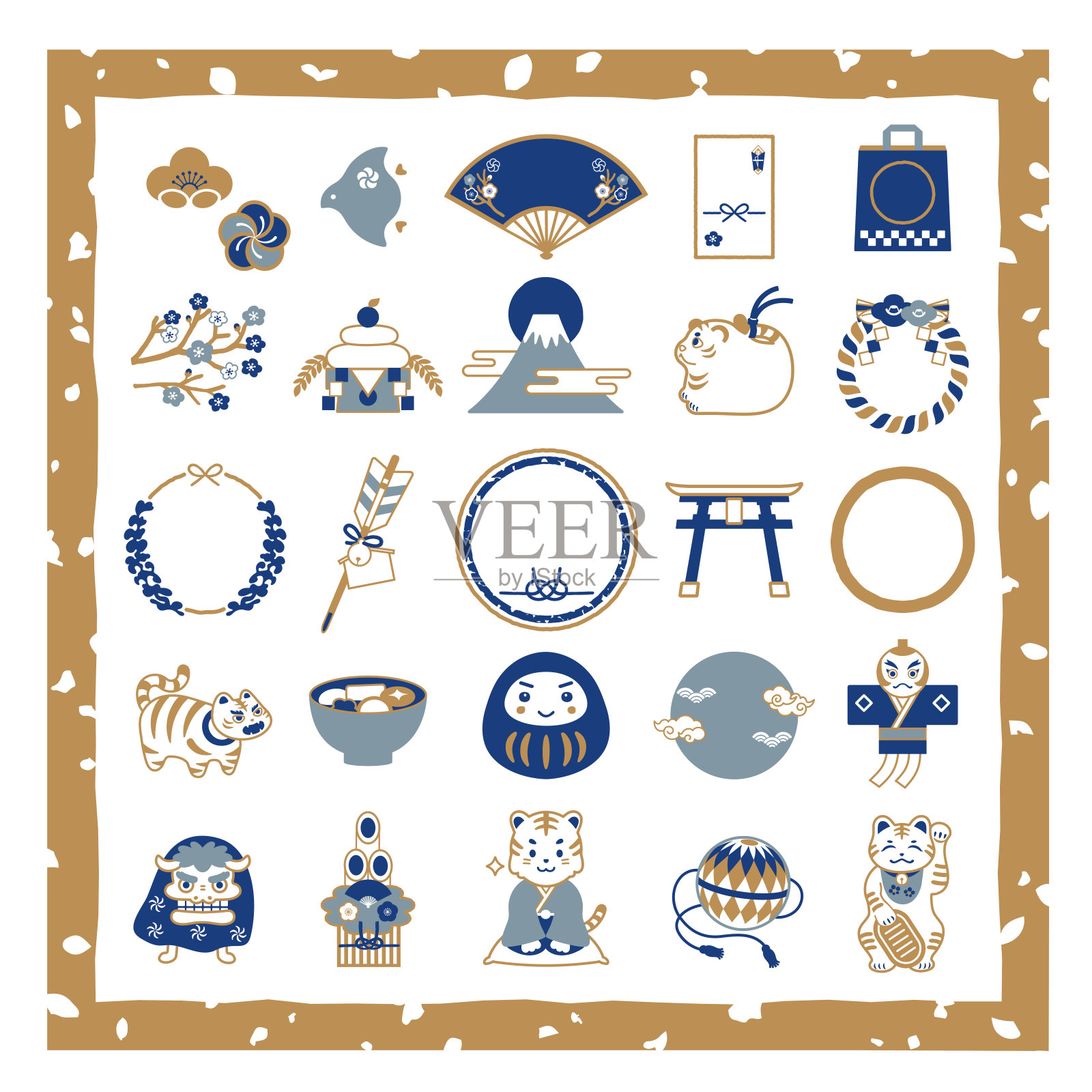 一套印有2022年新年幸运符和日式镜框的插画。插画图片素材