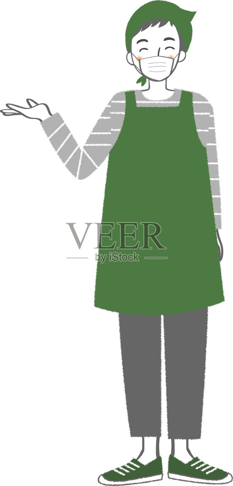 一个戴着面具和围裙的人引导他。在这里。这边请。插画图片素材