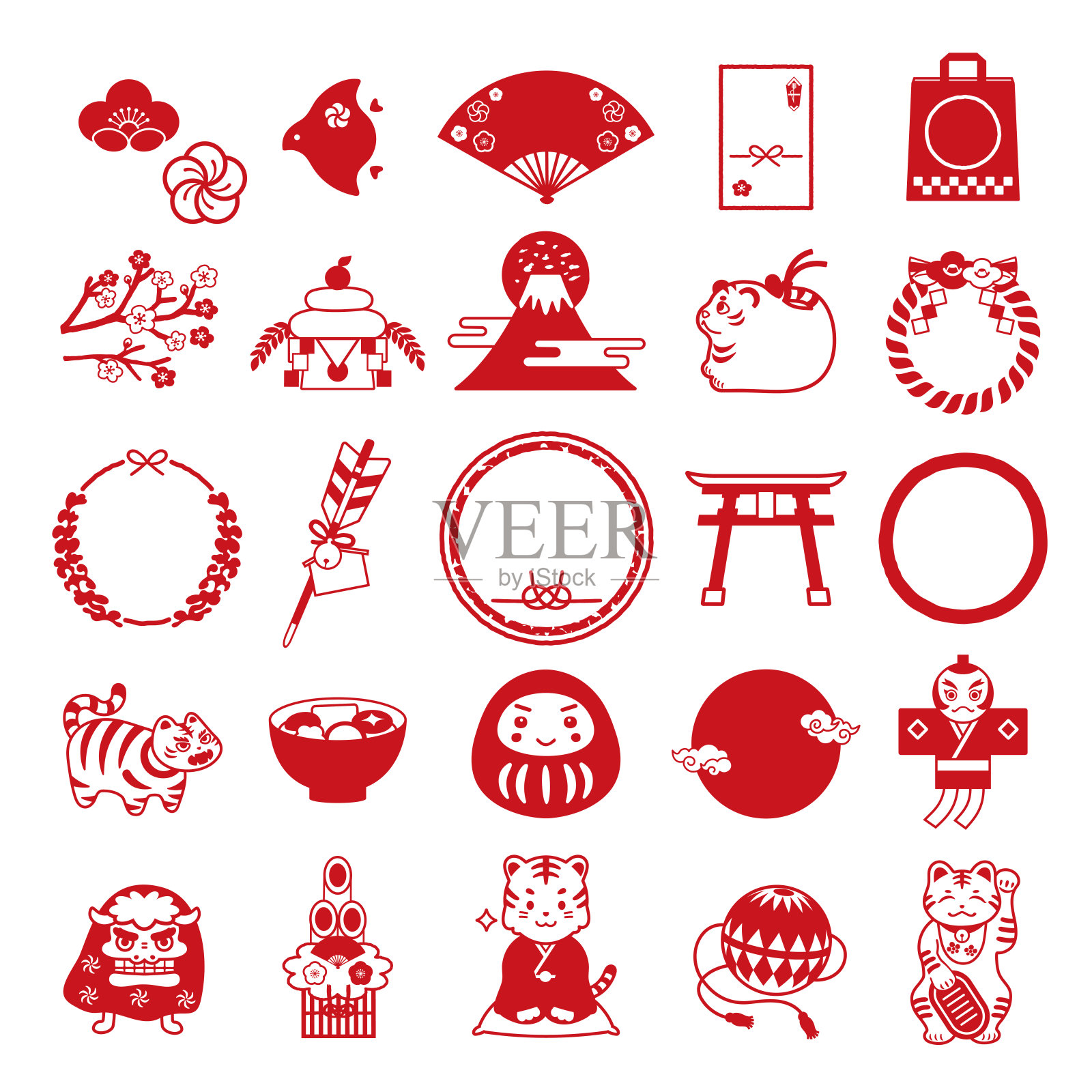 一套印有2022年新年幸运符和日式镜框的插画。插画图片素材