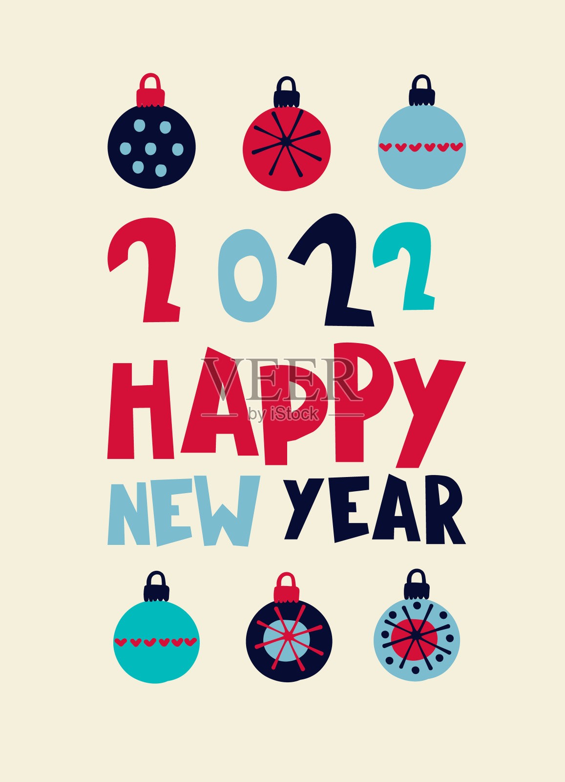 2022年新年贺卡。时尚的设计与手绘装饰物和手写字体设计模板素材