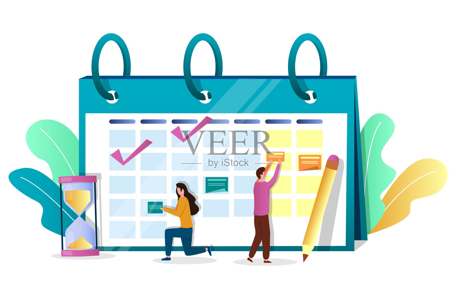 业务人员员工计划日程表上的日历，矢量插图。时间管理。活动计划。设计模板素材