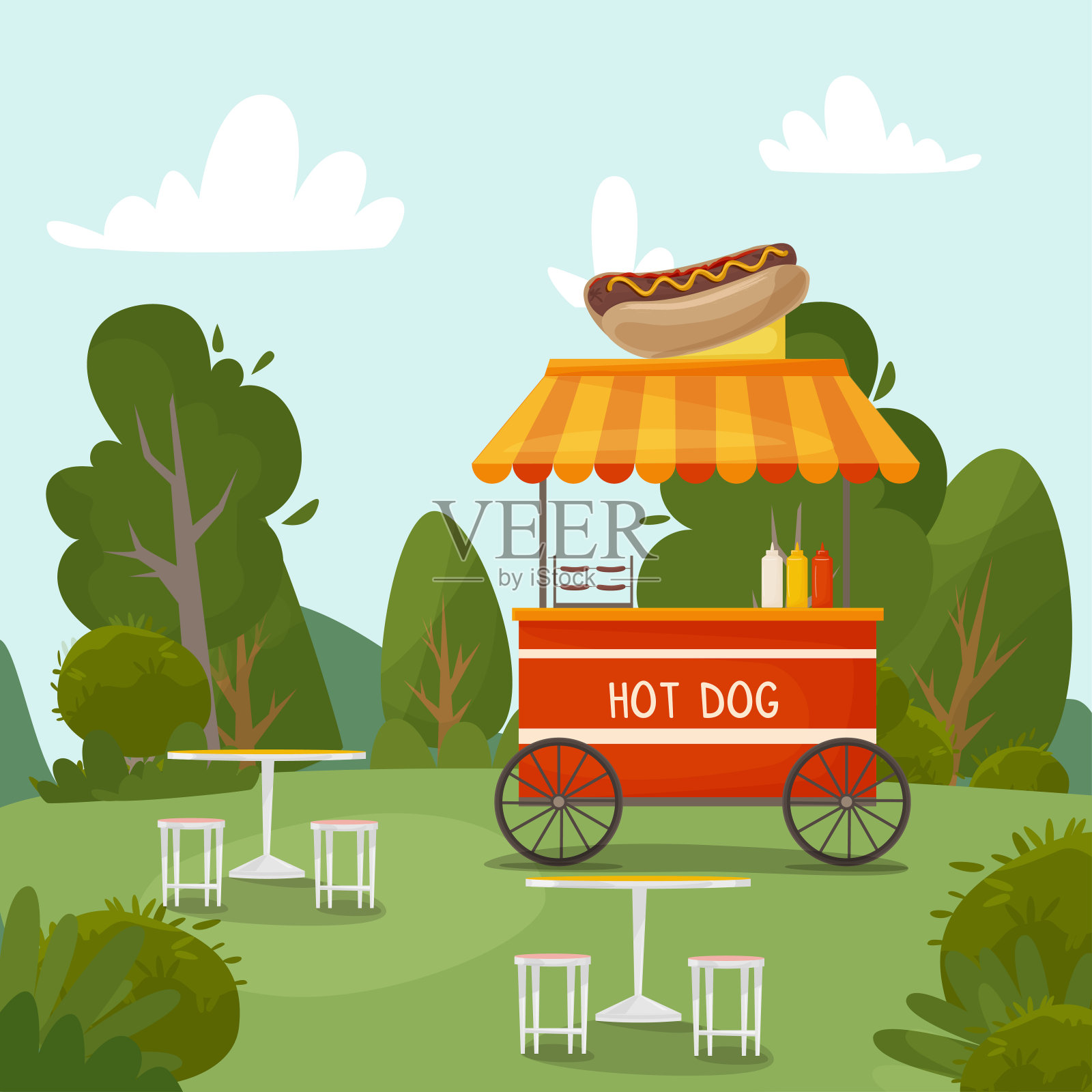 快餐街的热狗车。公园里的食物在大自然中。快餐销售亭。热狗快餐店街道推车城市平面矢量。用于设计，网页，图形和广告。插画图片素材