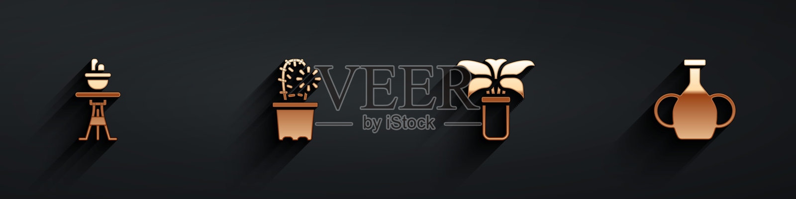 在桌子上的花盆中放置植物，仙人掌，热带植物和带有长影子的花瓶图标。向量插画图片素材