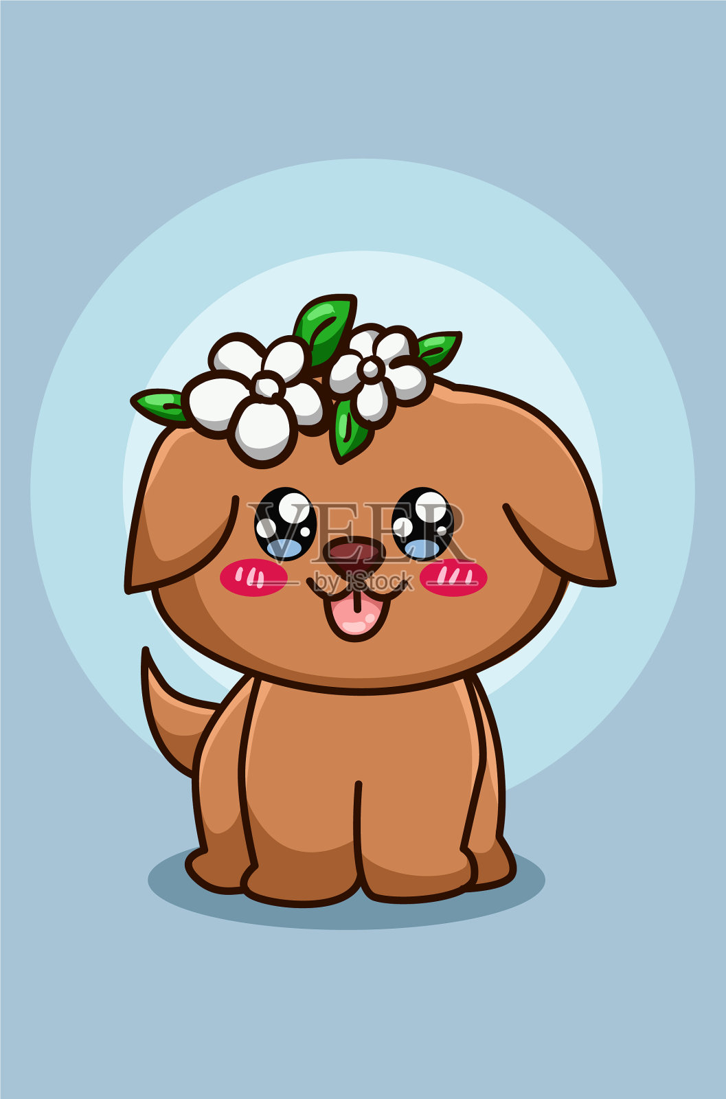 可爱和快乐的狗与皇冠花卡通插画图片素材