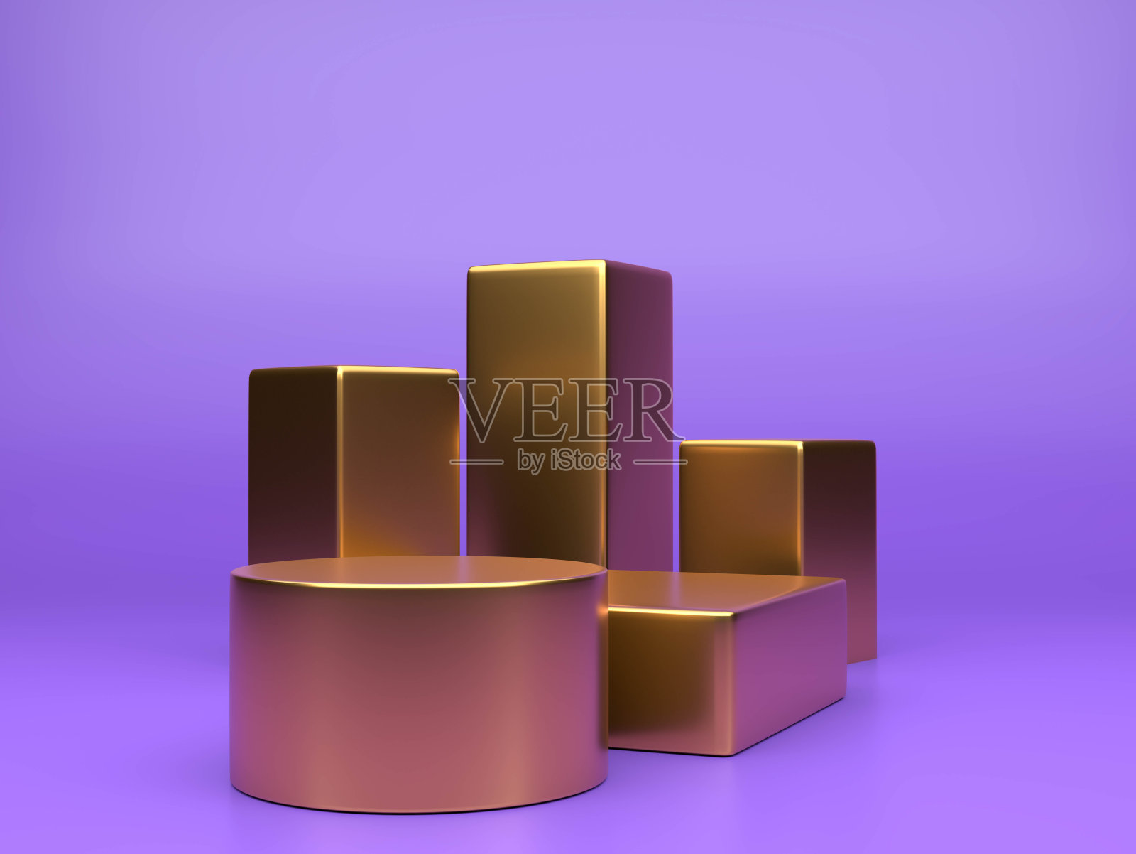 金色讲台架或空基座展示在鲜艳的紫色背景与最小的风格。显示3d渲染的空白台照片摄影图片