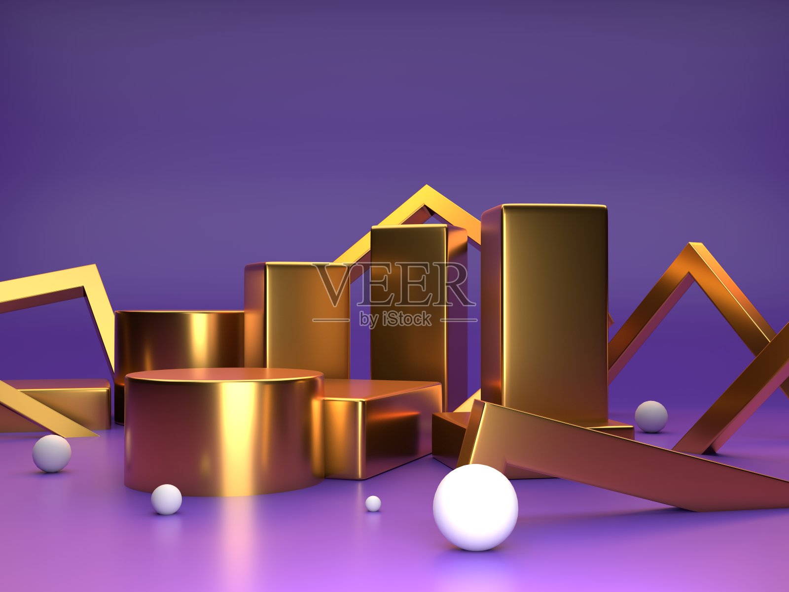 空裙台黄金或底座显示在紫色背景与裙台品牌推广产品，3d渲染数字照片摄影图片