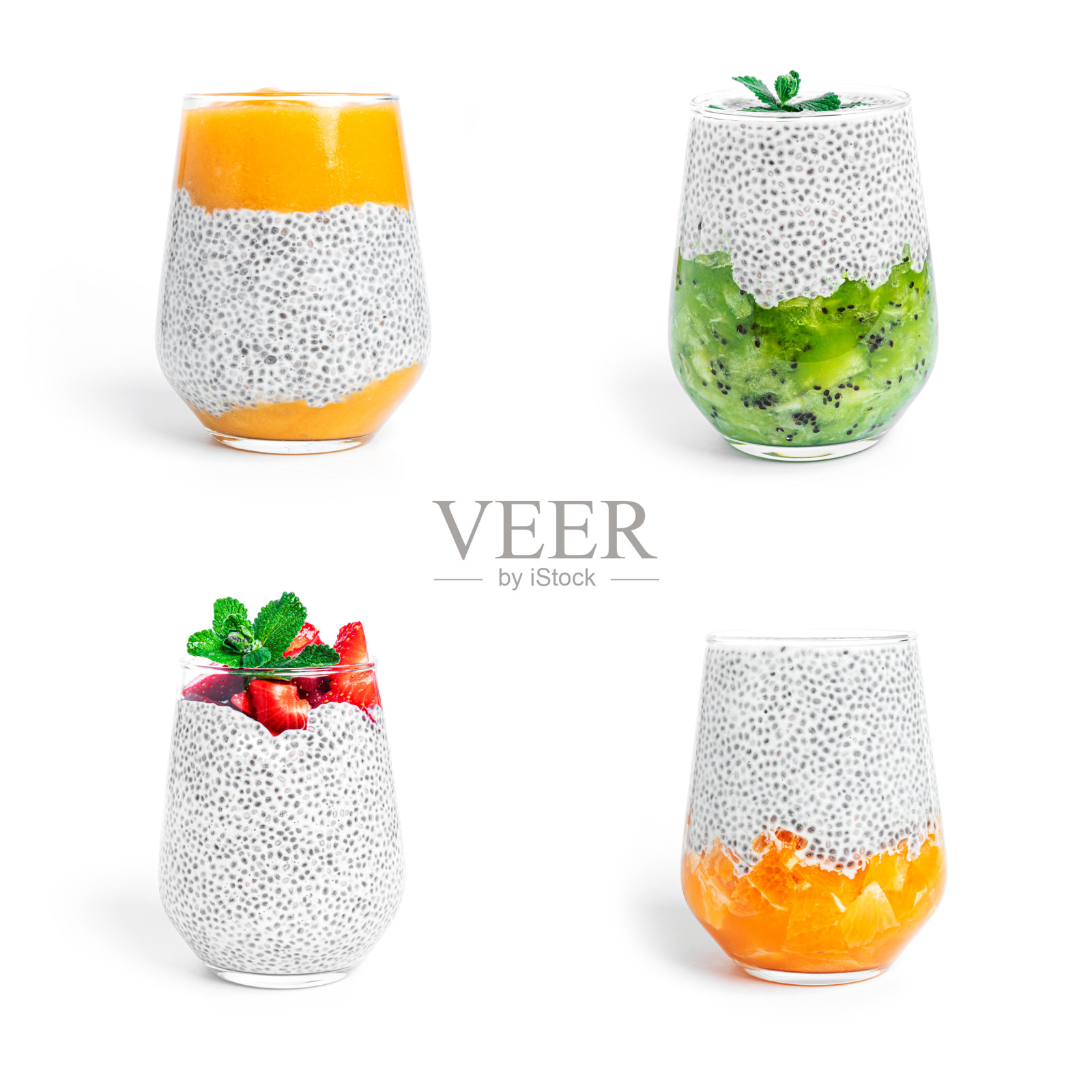 多色水果奇亚布丁孤立在白色的背景照片摄影图片