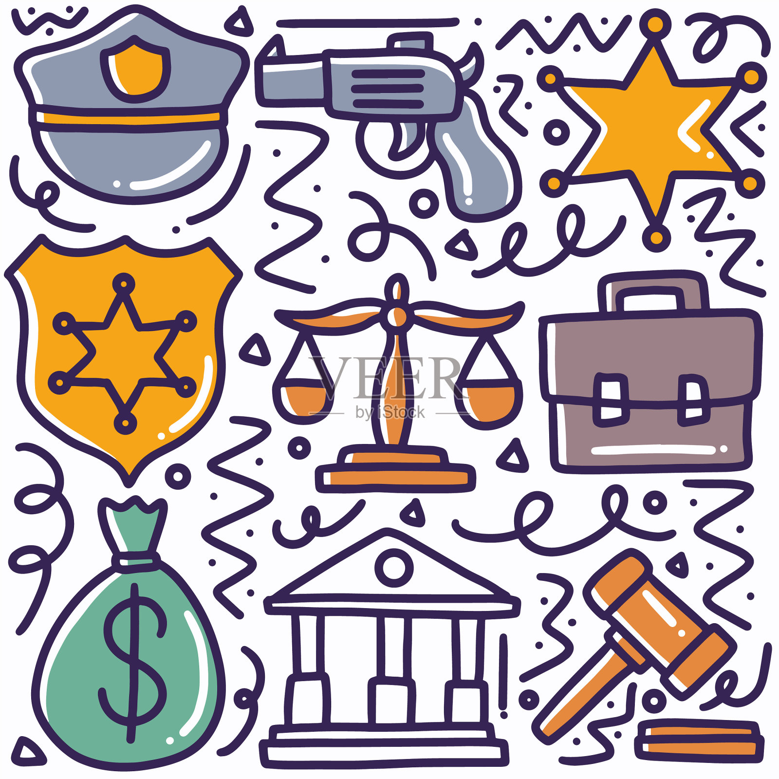 手绘国家宫殿安全涂鸦套装图标素材