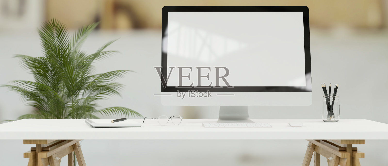 在简单的办公室里，白色桌子上的桌面电脑和模拟屏幕，3D渲染照片摄影图片