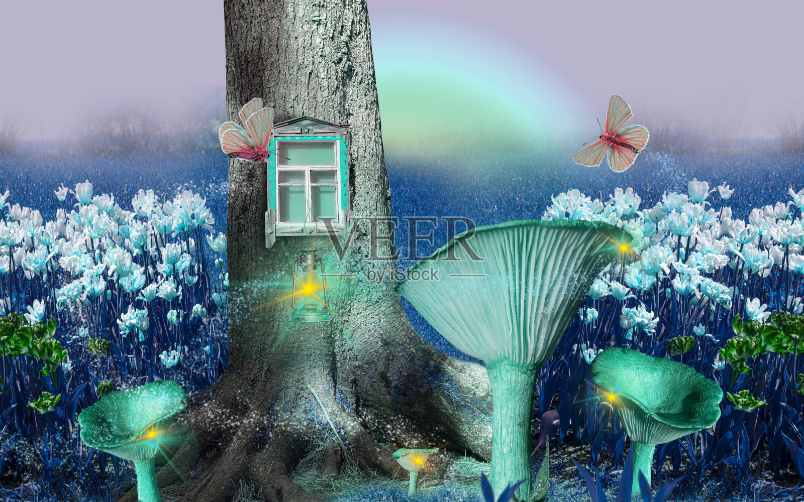 一个魔法仙女的房子，树上有一盏地精灯，还有一扇古老的木窗。奇妙的草地，有鲜花和巨大的蘑菇，被夜晚的月光照亮照片摄影图片