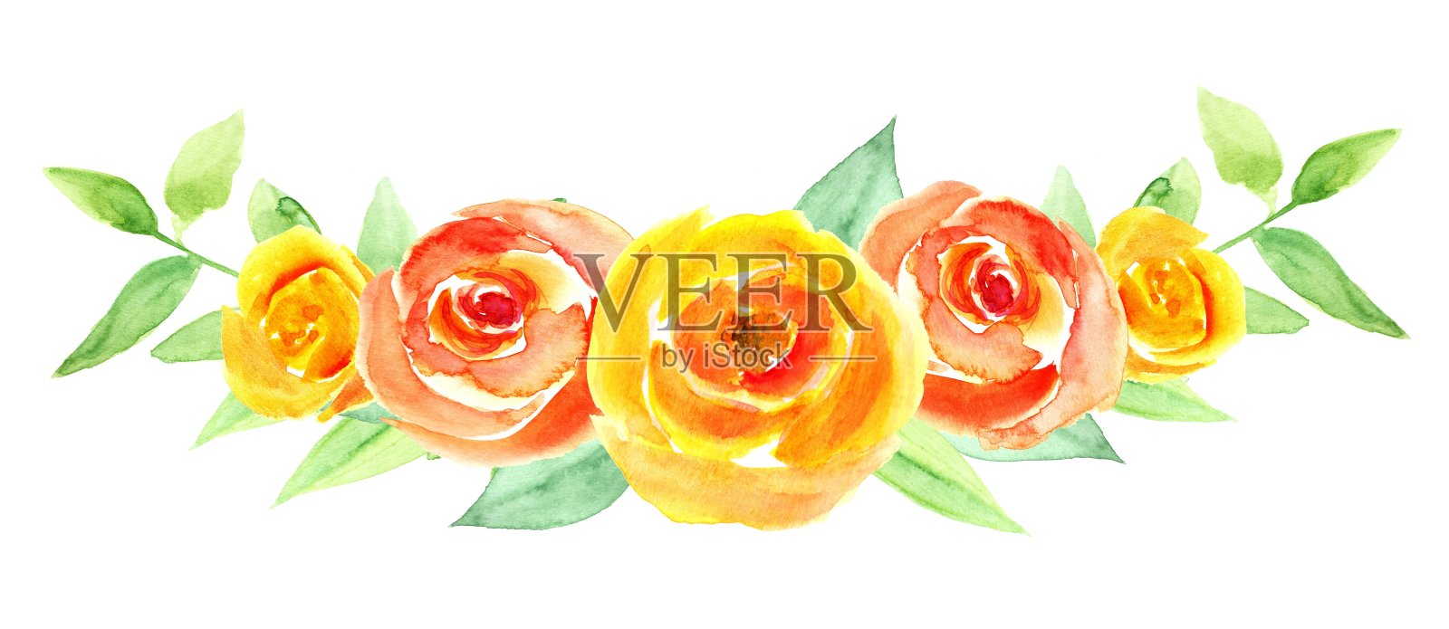 花环的黄色和橙色玫瑰，水彩手绘插图，孤立，白色背景。婚礼请柬、贺卡的设计元素插画图片素材