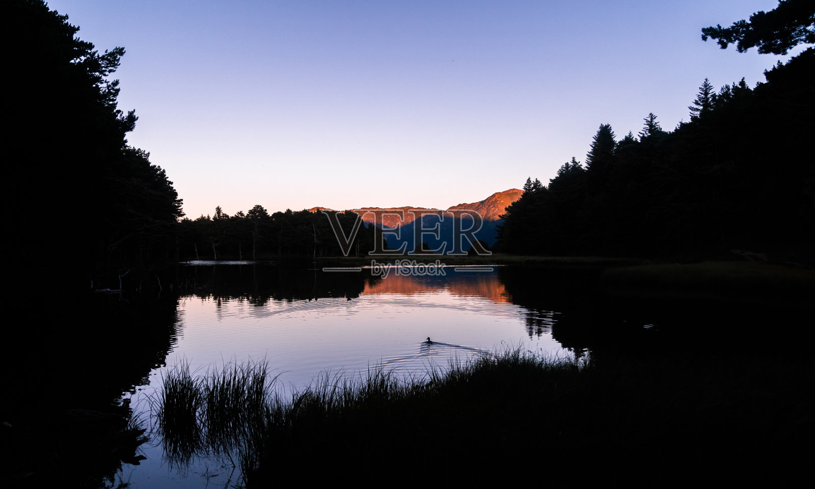 美丽的日出或日落在一个高山湖泊在比利牛斯，加泰罗尼亚，西班牙。假期，夏天，放松和脱离自然的概念。荒野。照片摄影图片