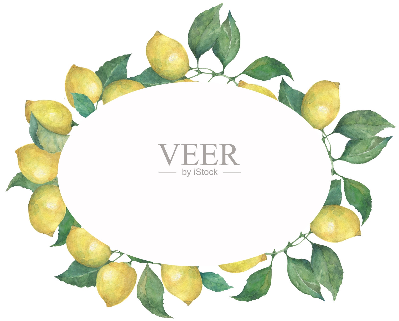 黄色柠檬设计椭圆框请柬，乡村婚礼。水彩保存日期卡。夏天的心情，风格，植物元素上的白色背景。插画图片素材