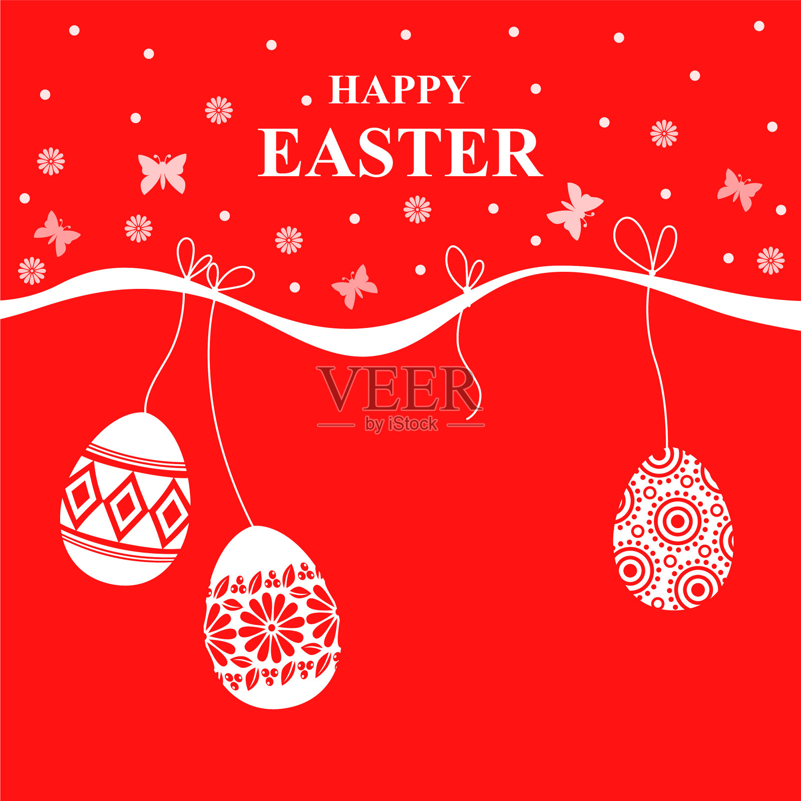 带有装饰彩蛋的复活节卡片挂在红色的墙上插画图片素材
