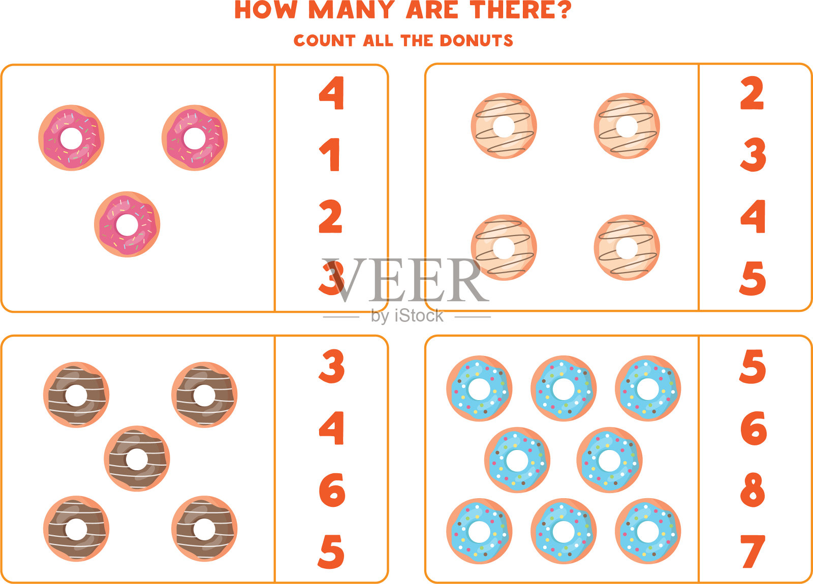 计算游戏与甜甜圈数学工作表的孩子插画图片素材