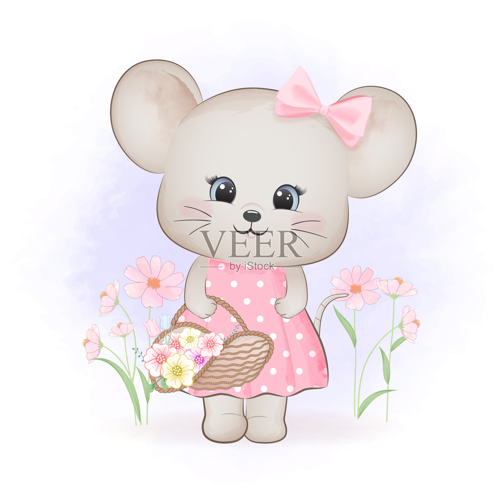 可爱的小老鼠，花篮，卡通动物水彩画插图插画图片素材