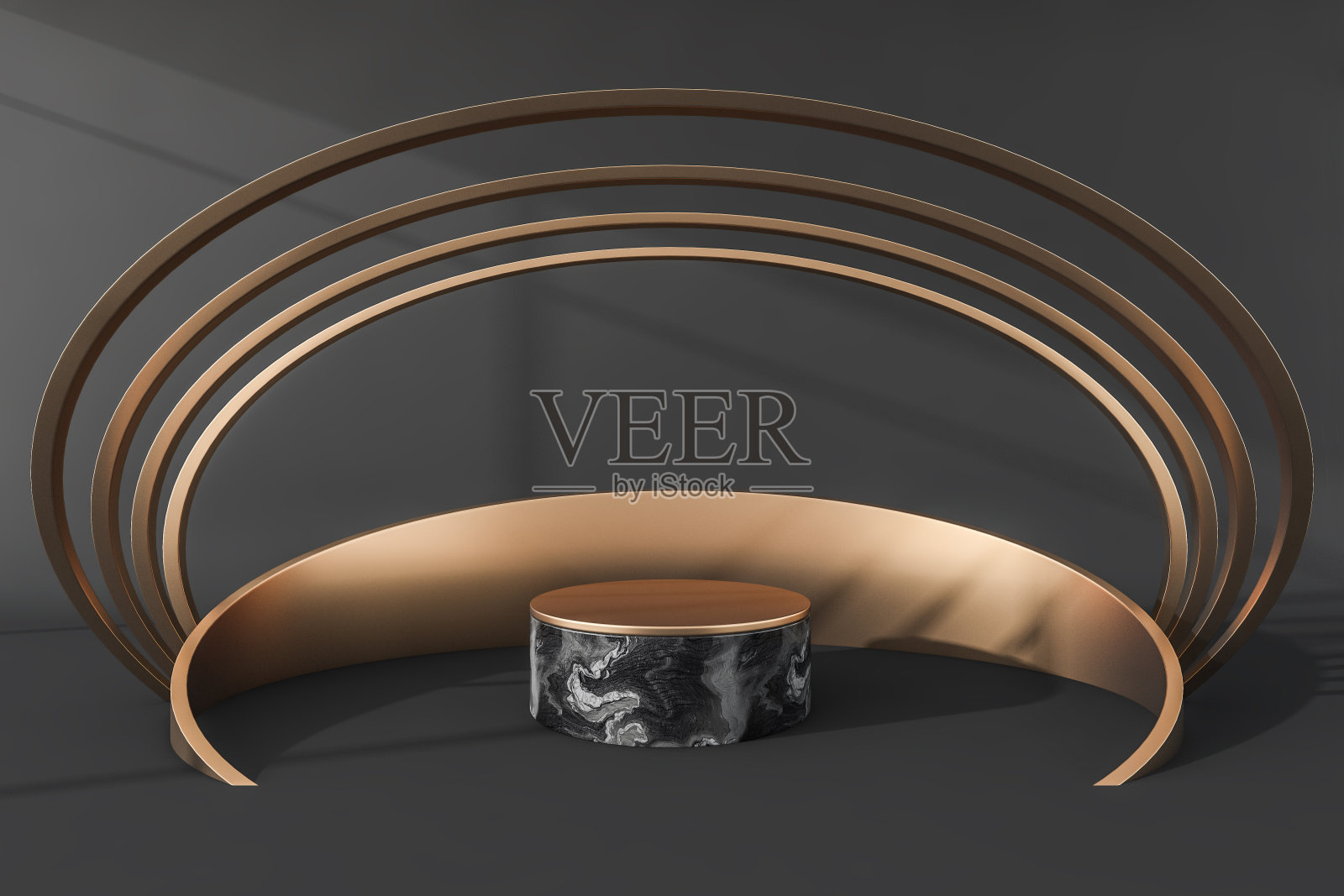 黑色和金色的台架。豪华大理石模型台产品展示，广告商品。产品展示和推广，模型复制空间，3D渲染照片摄影图片