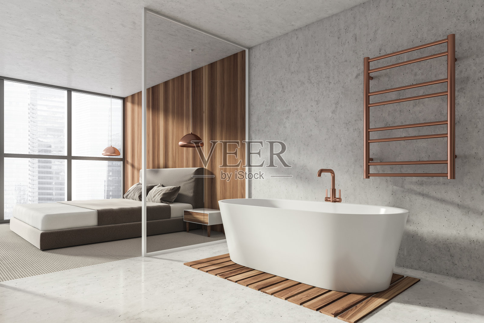 现代浴室卧室内部在新的豪华家庭。时尚酒店房间。开放空间区域。木墙，混凝土地板。白色的浴缸。照片摄影图片