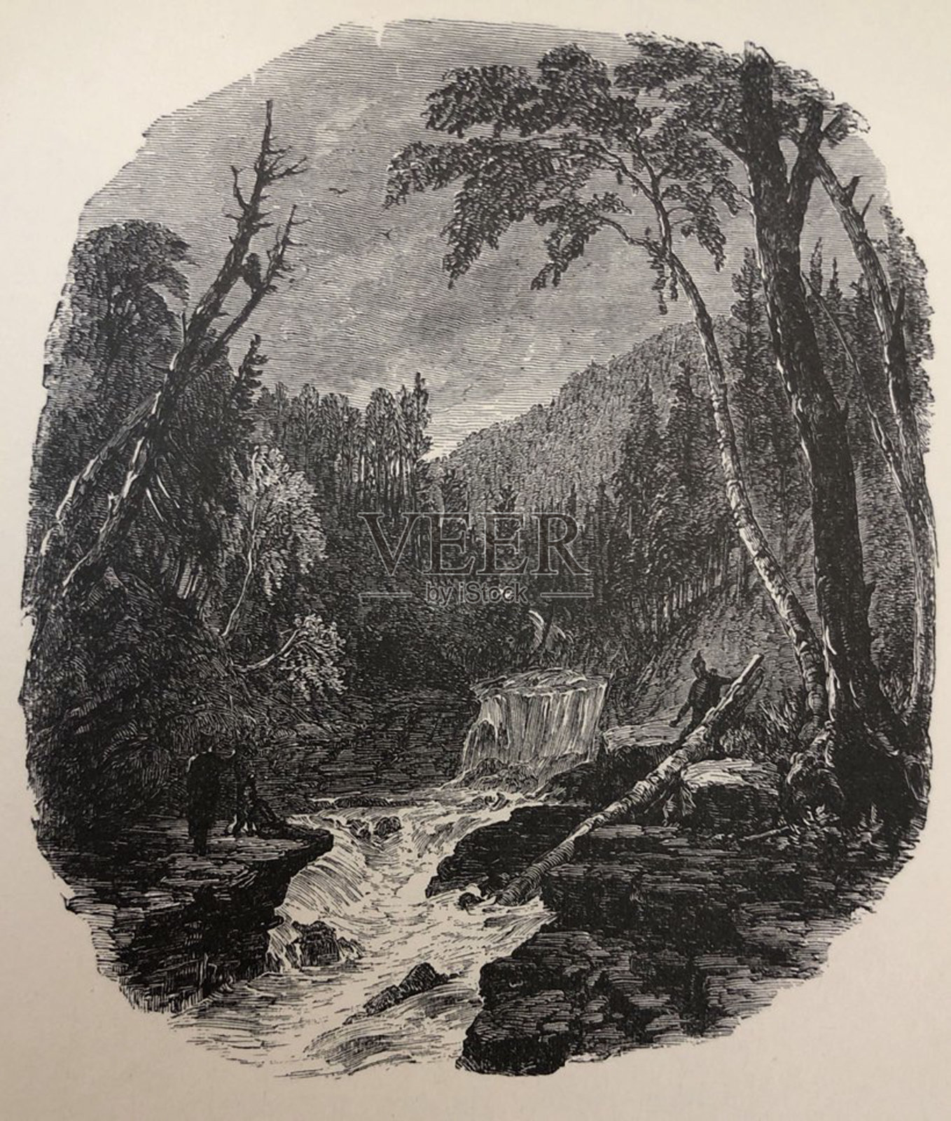 古董插图-诗歌的托马斯摩尔-两个男人试图导航河与一棵大树插画图片素材