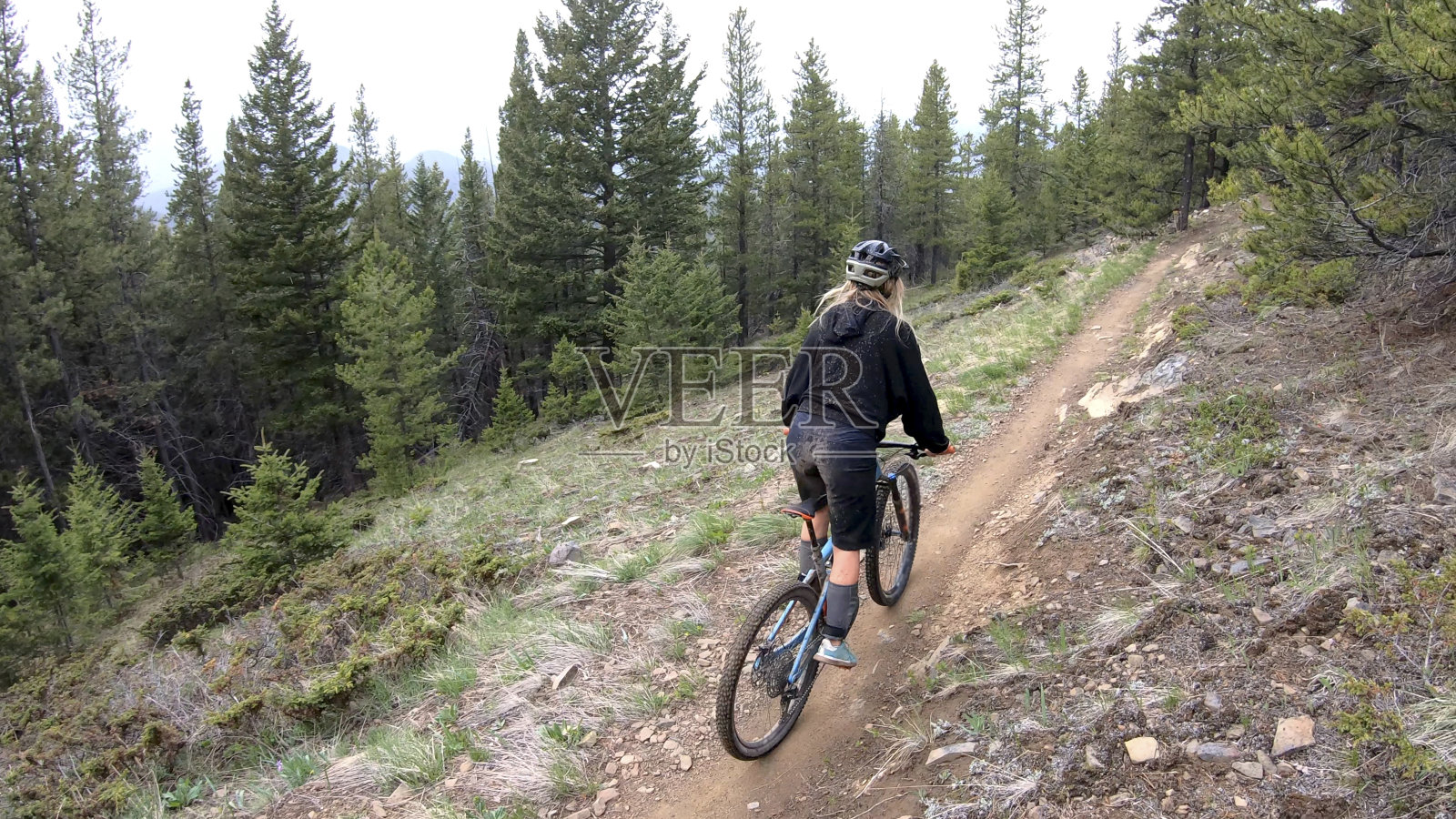 女性山地自行车沿着森林小径照片摄影图片