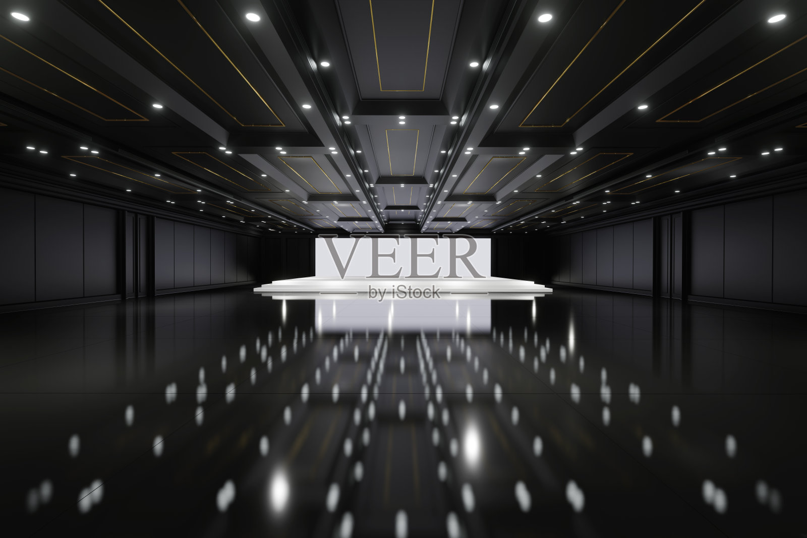 空的会议大厅中心有舞台。背景为展台、展台元素。会议的会议室。大型娱乐场所，音乐会，活动。舞厅。3 d渲染。照片摄影图片