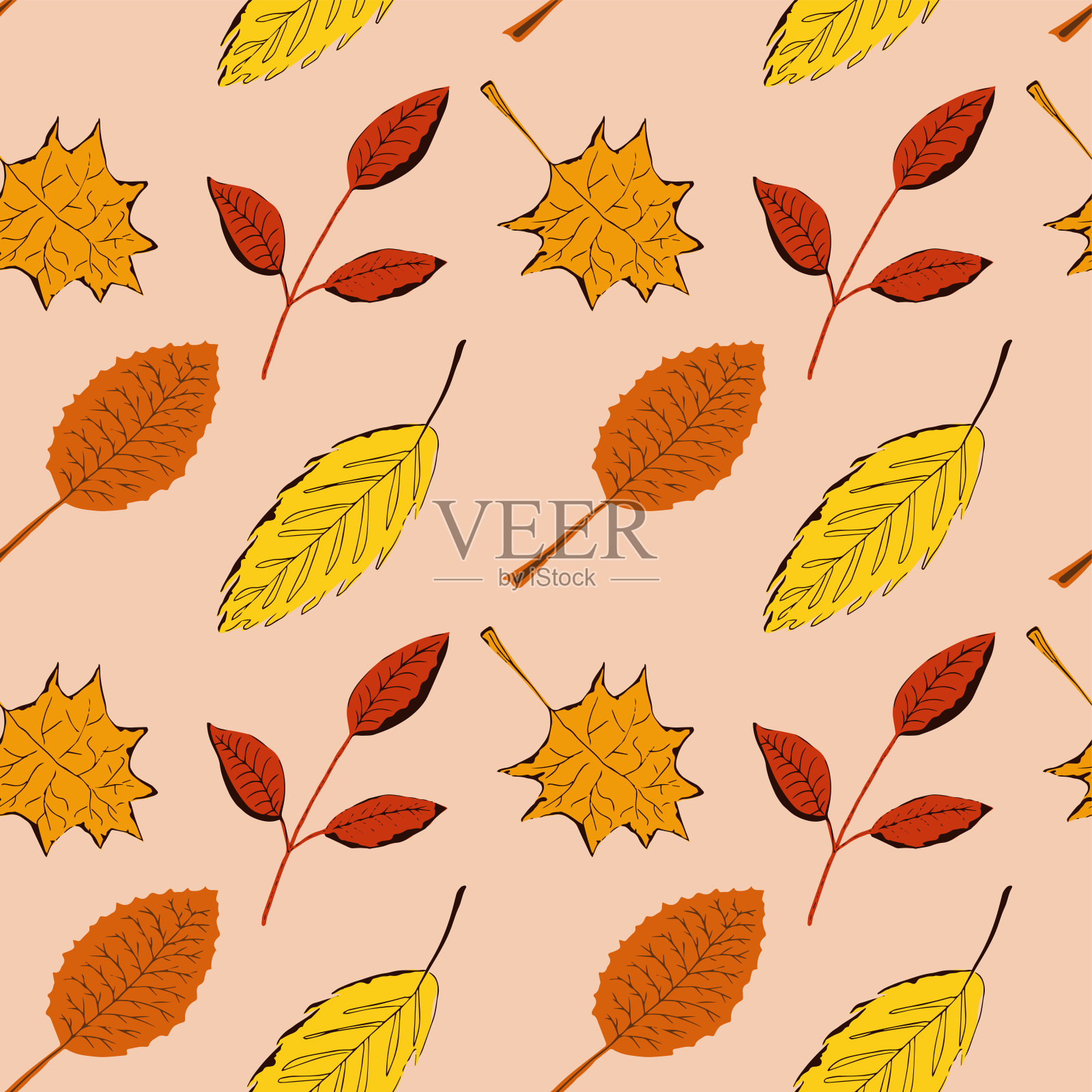 无缝的图案与黄色，橙色和红色的秋叶插画图片素材