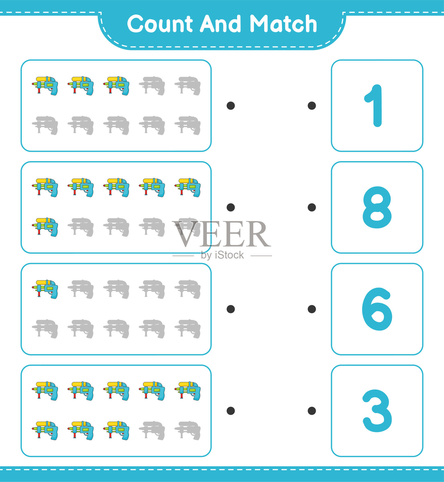 数并匹配，数水枪的数量并匹配正确的数字。教育儿童游戏，可打印的工作表，矢量插图插画图片素材