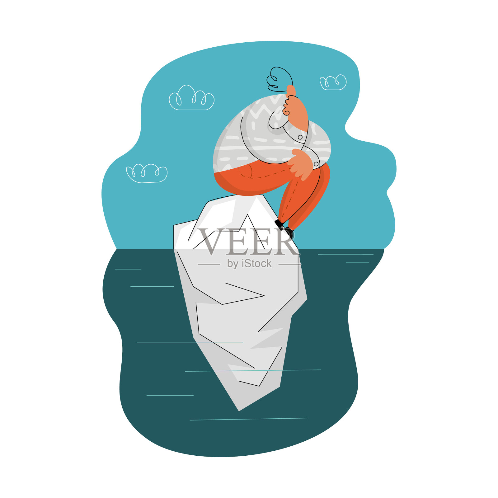 沉思的人物坐在冰山浮冰上设计元素图片