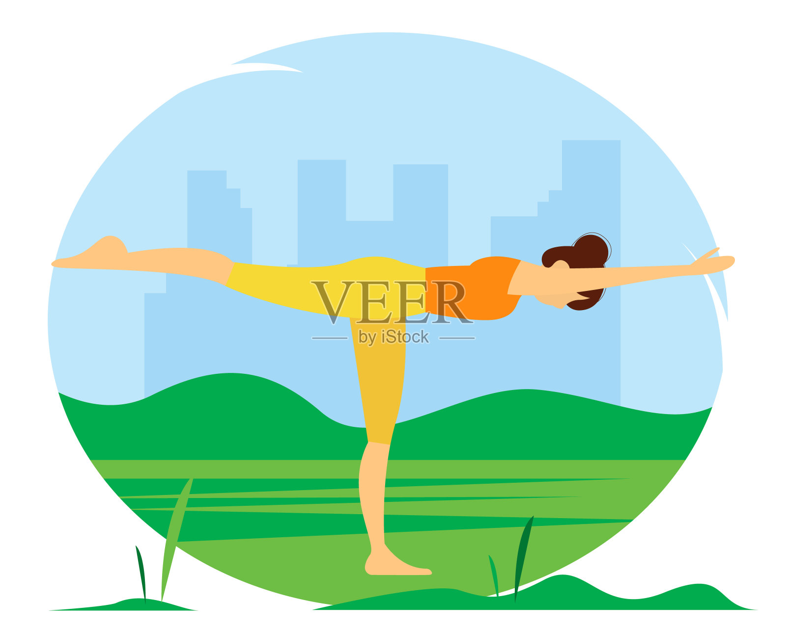 女人在公园做瑜伽，扁平风格矢量插画插画图片素材