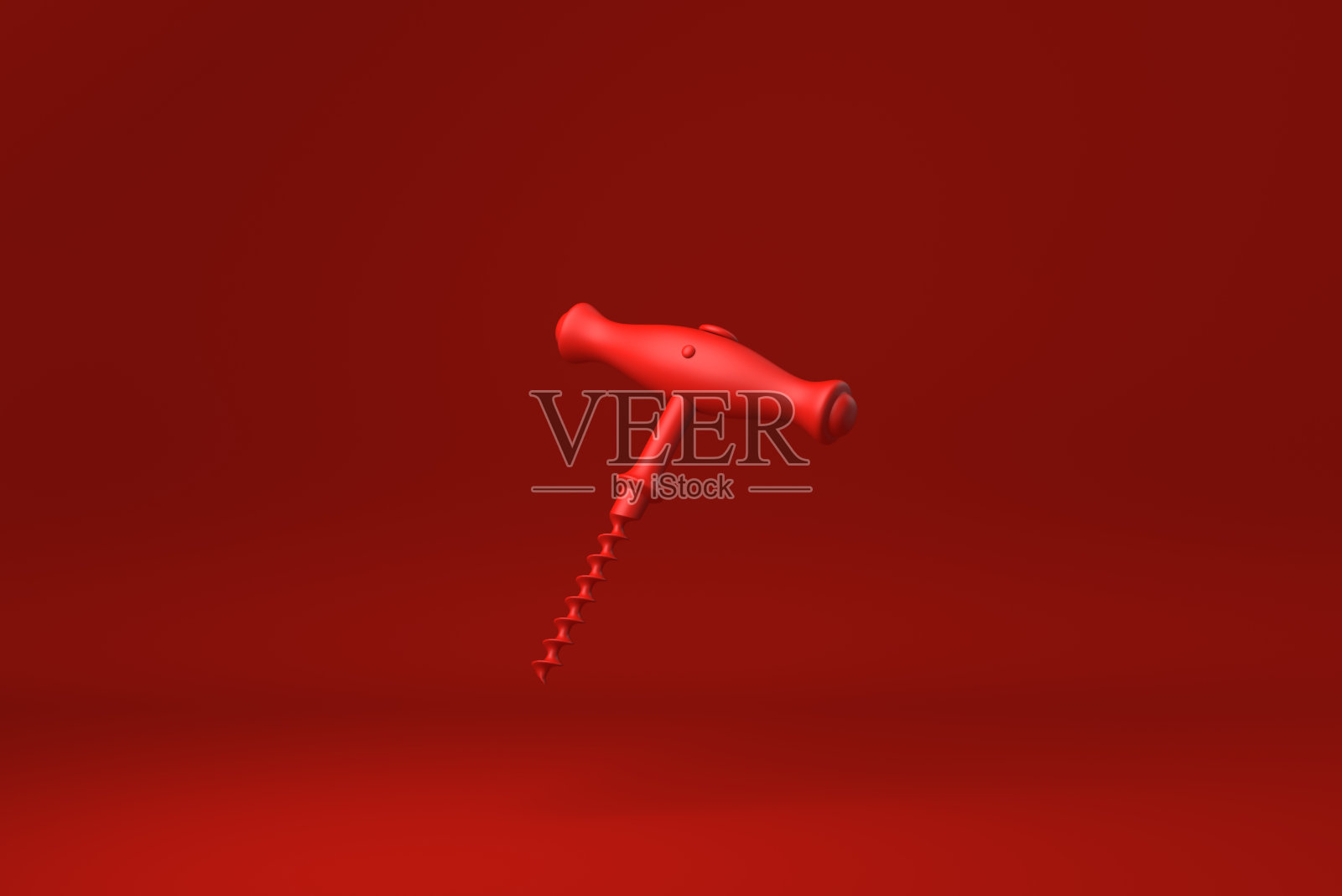 红色背景下漂浮着木质手柄的红酒开瓶器。最小概念创意。单色。3 d渲染。照片摄影图片