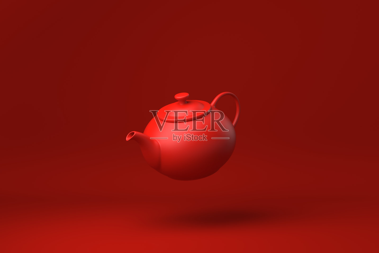 红茶壶漂浮在红色的背景。最小概念创意。单色。3 d渲染。照片摄影图片