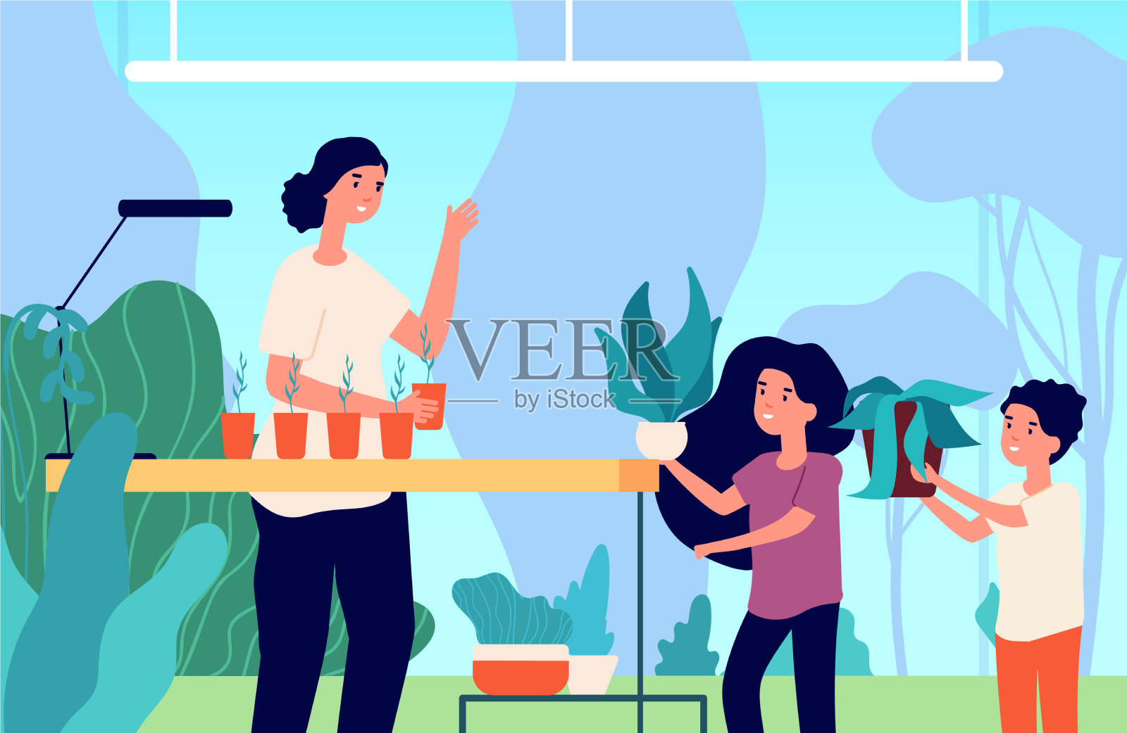 种植植物妇女儿童园艺家庭插画图片素材