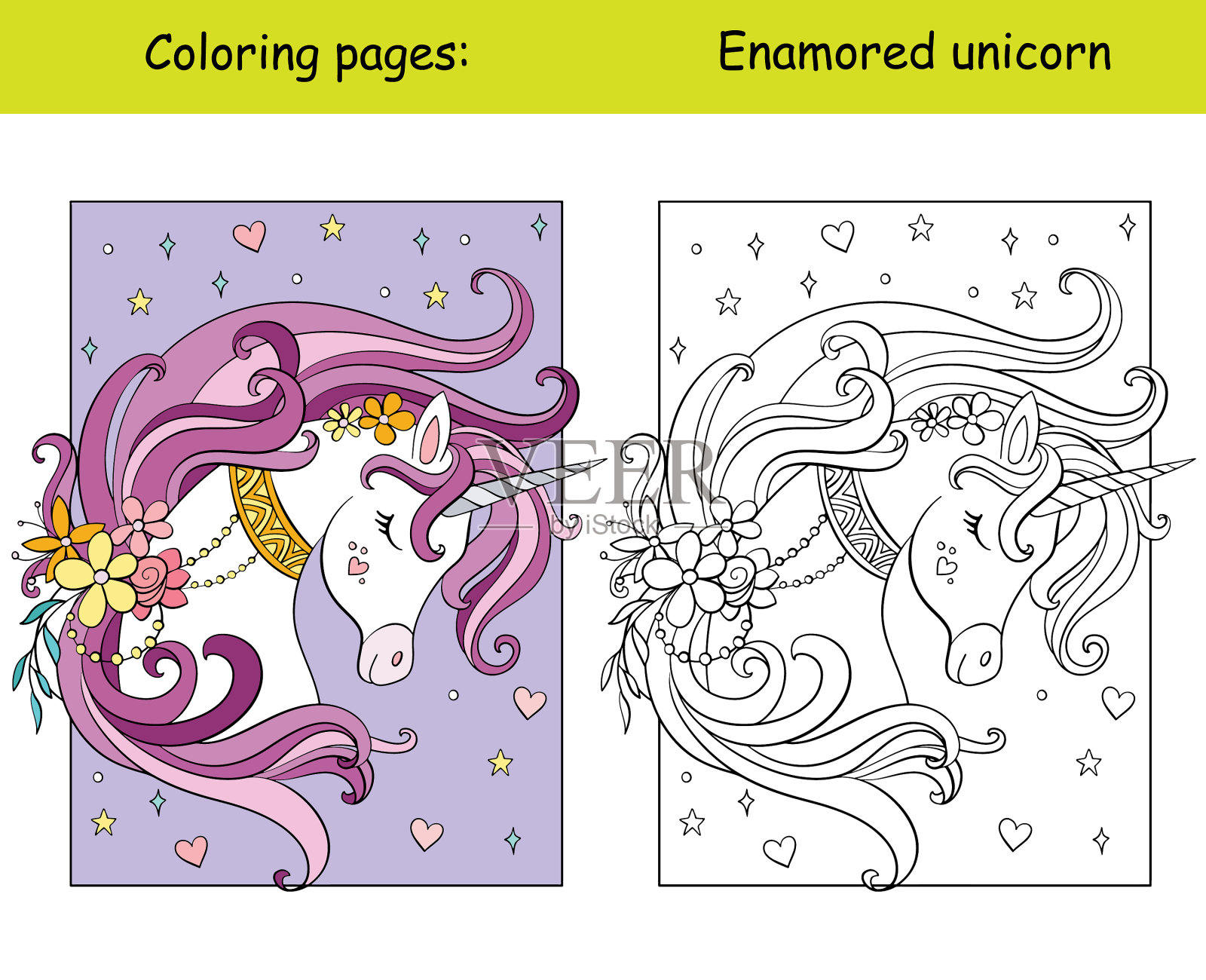 美丽的独角兽与花和星星着色插画图片素材
