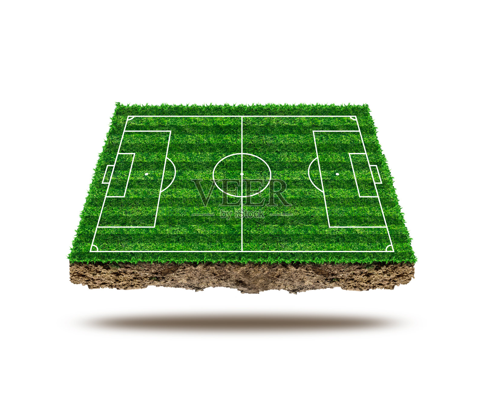 足球场区域和孤立的背景。足球场上的绿色草地，透视图中有图案和纹理。照片摄影图片
