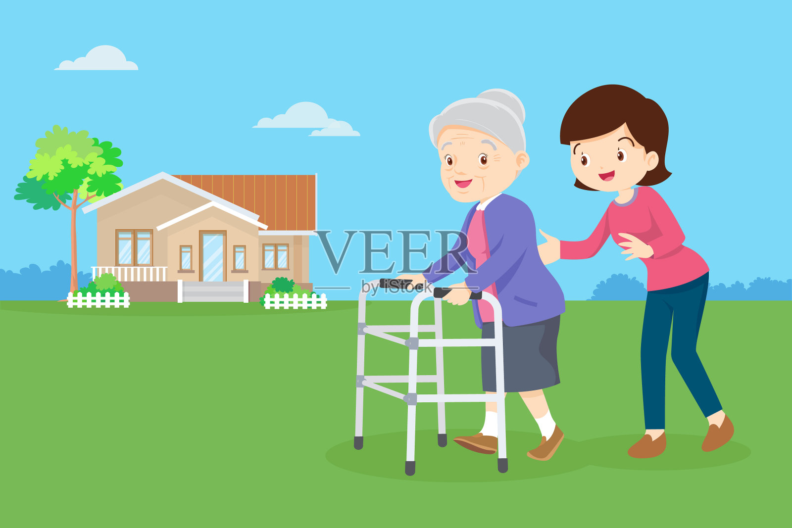 妇女帮助老年妇女使用助行器插画图片素材