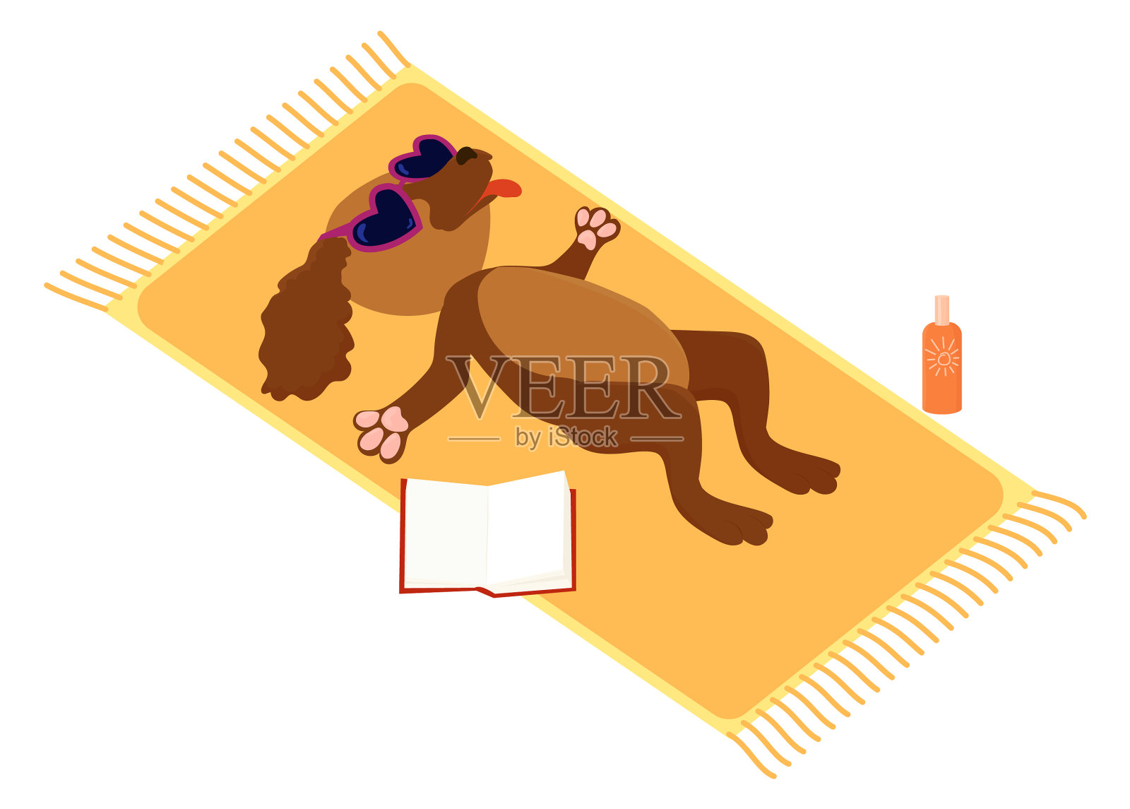 在海滩度假享受日光浴的狗插画图片素材