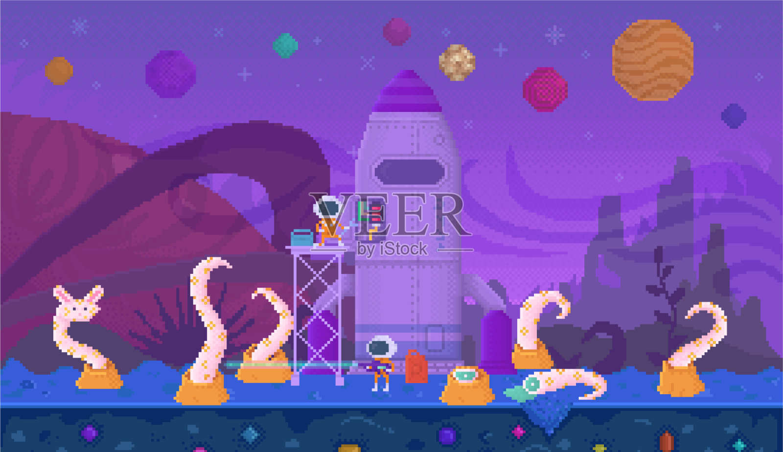 外星人用爆破枪射击不明动物插画图片素材