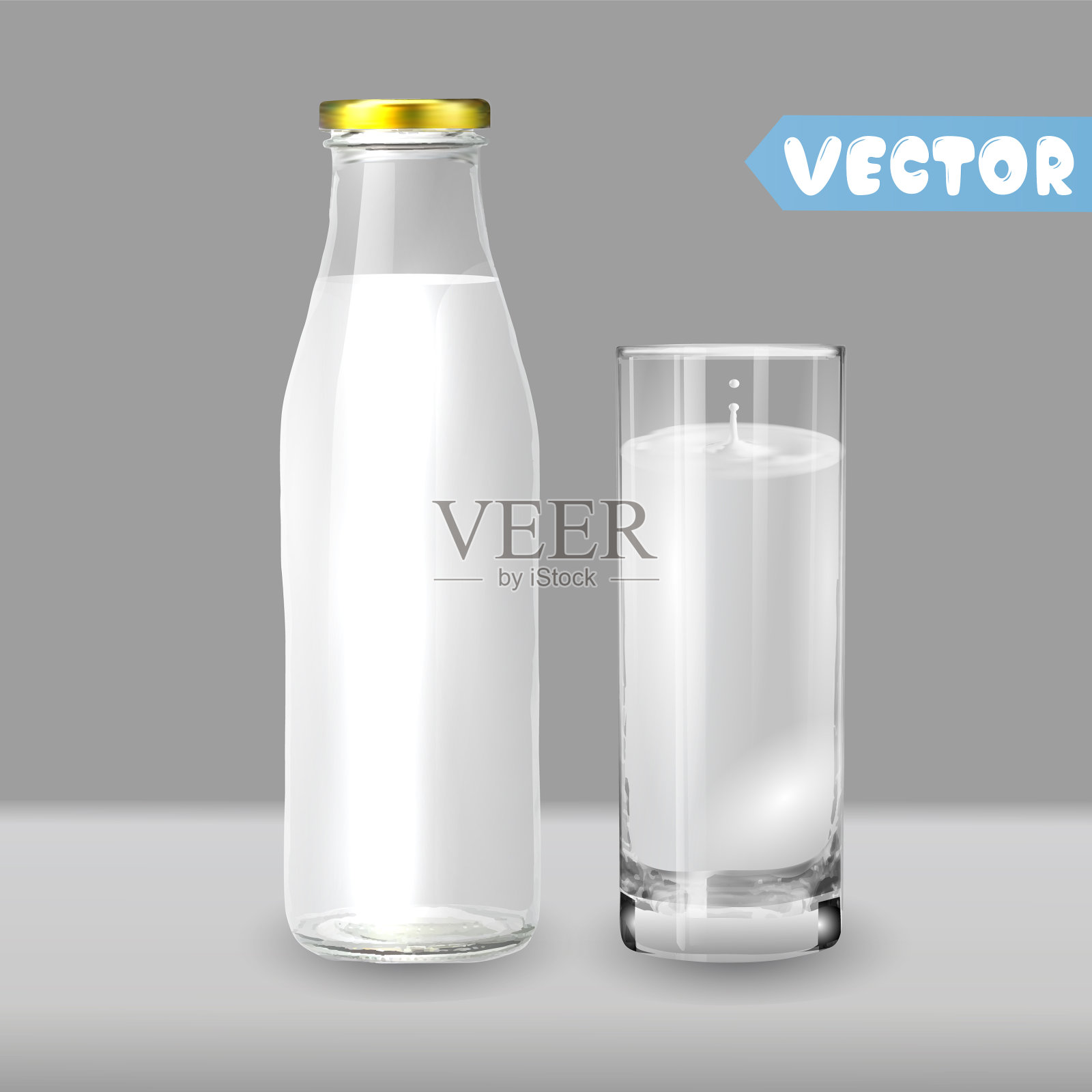 透明的玻璃瓶和一杯牛奶插画图片素材