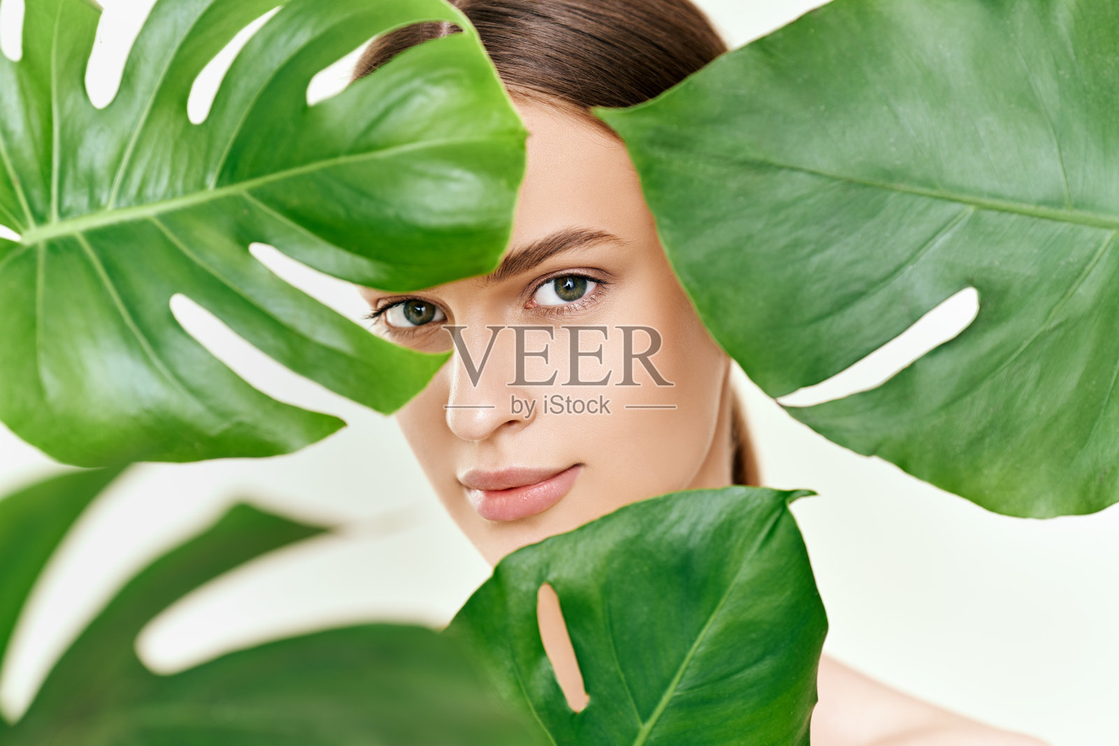 近距离的肖像年轻美丽的女人完美光滑的皮肤在热带的树叶照片摄影图片