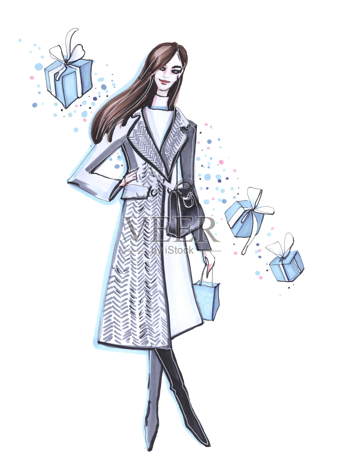 手绘时尚插图黑发女孩在黑色外套和高筒靴与冬季蓝色礼物在盒子出售折扣插画图片素材