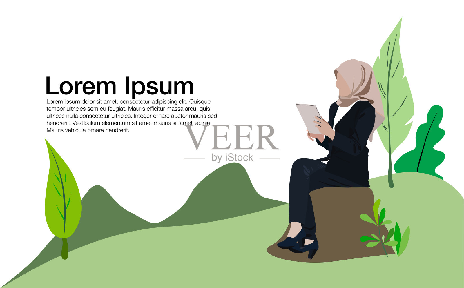 年轻女子戴着头巾坐在公园里，手里拿着手机插画图片素材