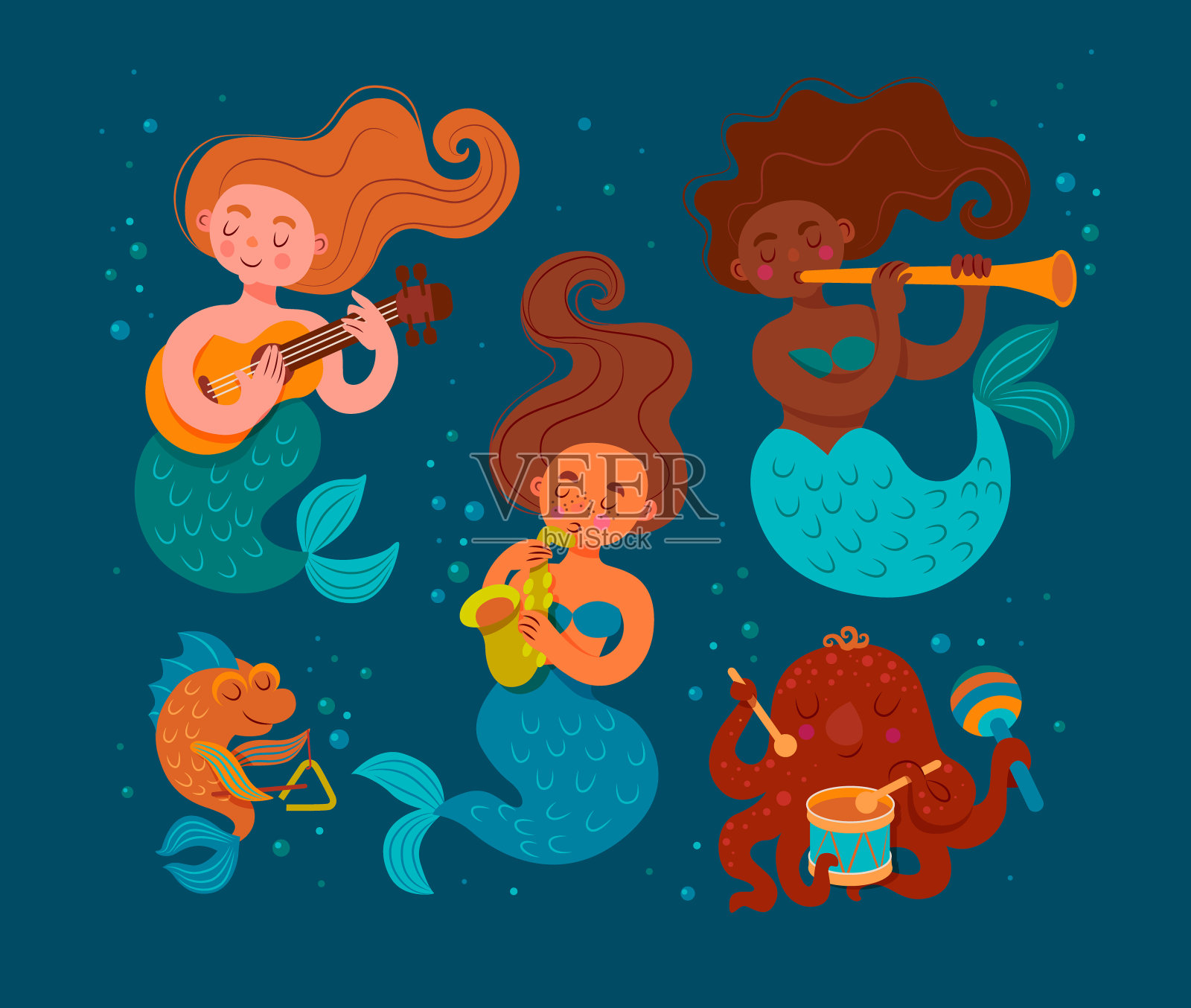 可爱的美人鱼女孩演奏乐器，如吉他，萨克斯管，长笛。章鱼会打鼓和弹灰球。鱼在三角形上玩。插画图片素材