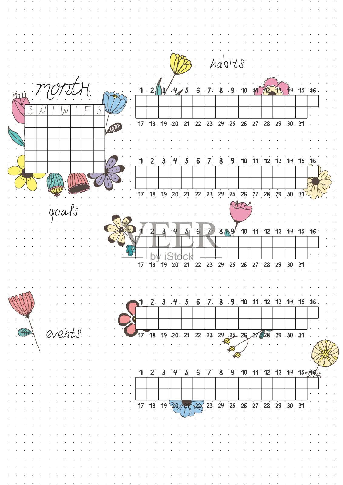 可打印的A4纸，子弹期刊页与手绘花和月计划空白和填补习惯。设计模板素材