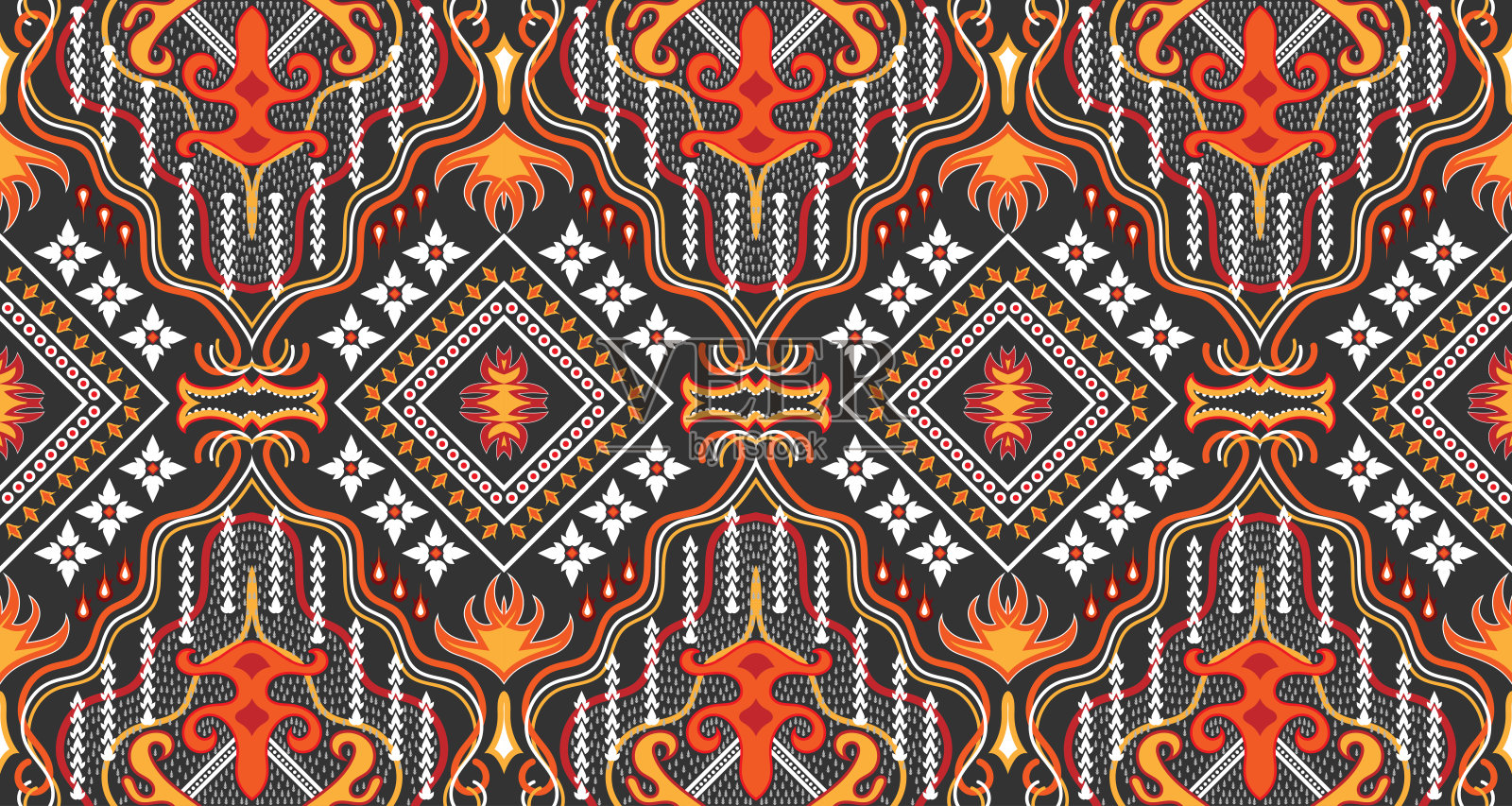 3.无缝红橙色织物图案，以中亚传统图案装饰。插画图片素材